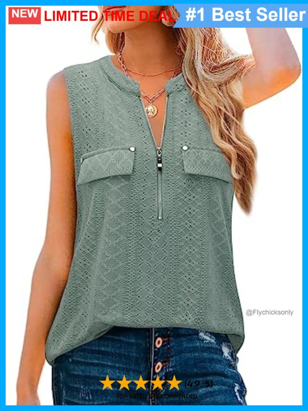Women's Sleeveless V-Neck Zipper Tank Top Business Casual Work Tunic Blouse